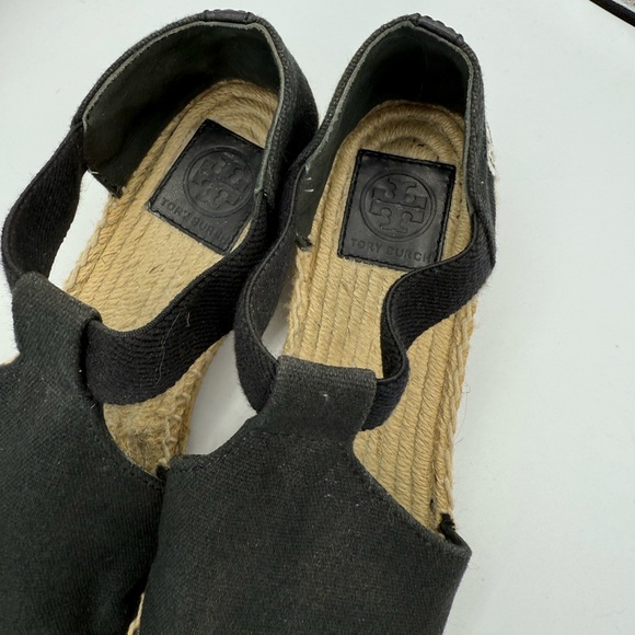 Tory Burch Black Espadrille Wedge Flats Canvas Logo Sandals Slip-on - Picture 3 of 10